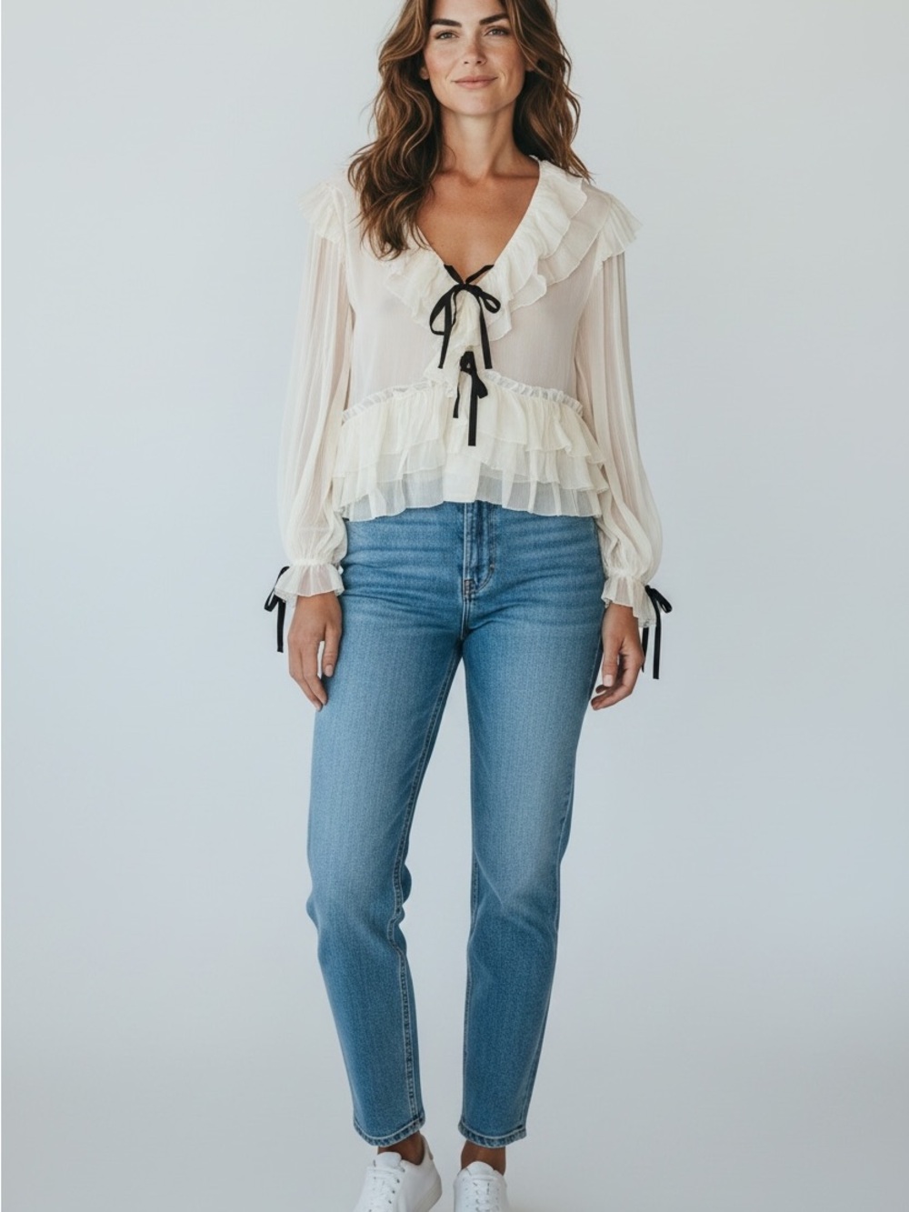 Ulla Johnson Ruffled Tie-Front Blouse in Cream with Black Ties